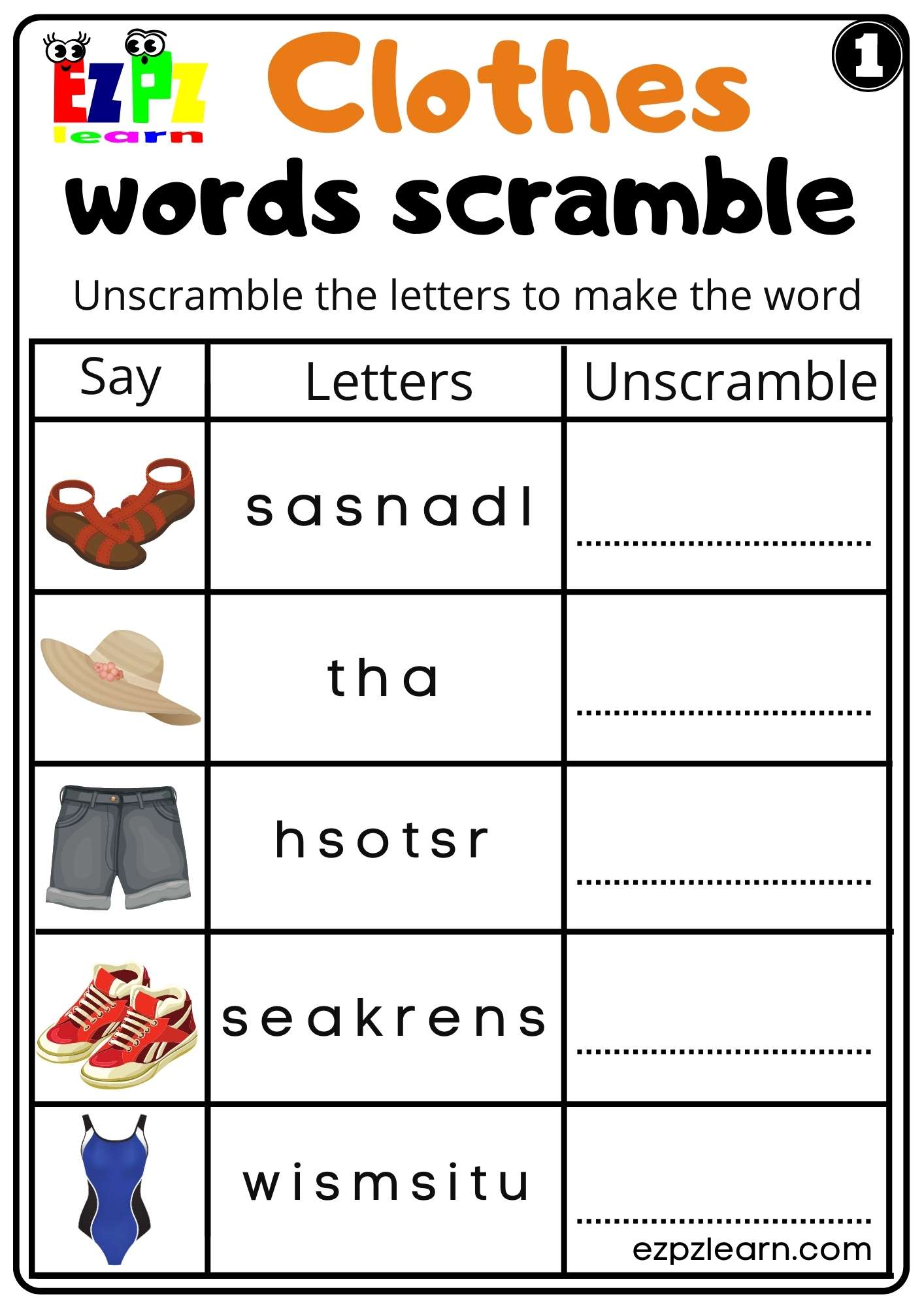 Clothes Read Word Scramble Worksheet Kindergarten K5 and ESL set 1